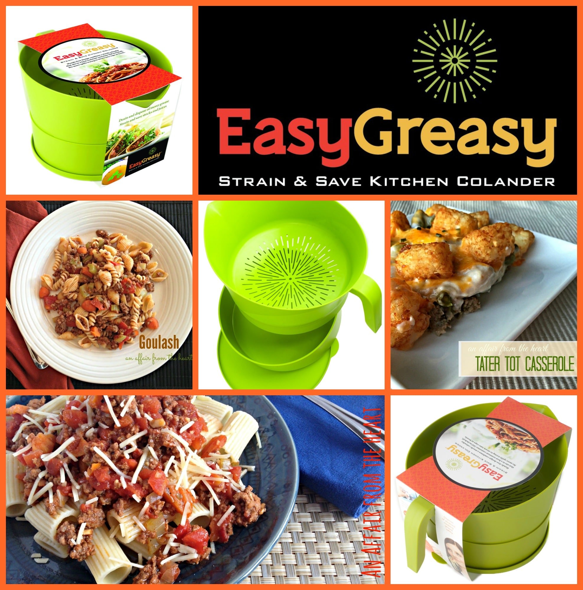 easy greasy strain & save kitchen colander collage image