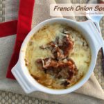 Overhead of soup with text "French Onion Soup"