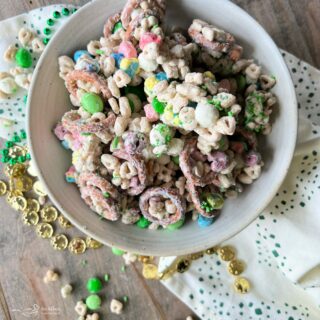 Lucky Charms snack mix in a white bowl