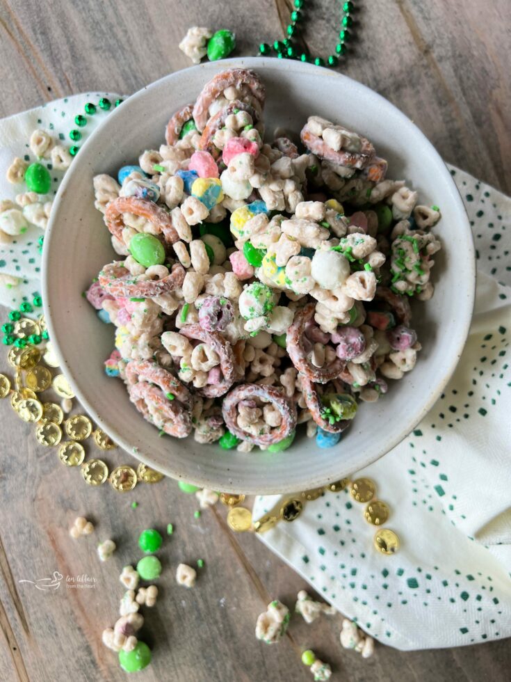 Lucky Charms snack mix in a white bowl
