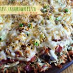 Close up picture with text "breakfast hashbrown pizza"