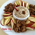 Apple dip in a white serving bowl surrounded by apples and cookies with text "APPLE DIP"