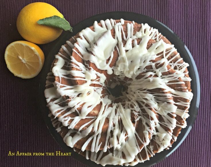 overhead of lemon rhubarb bundt cake