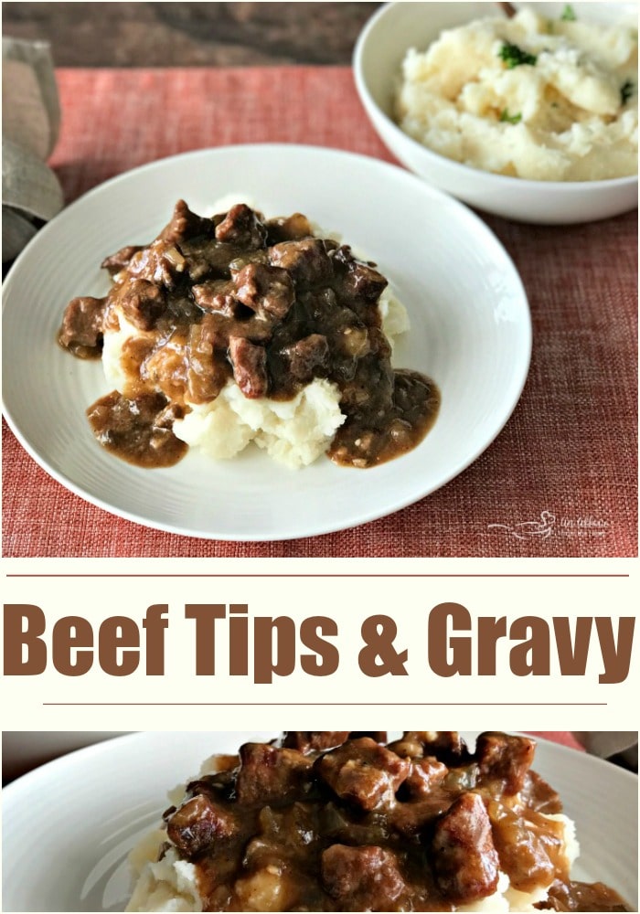 Beef Tips & Gravy served over mashed potatoes. Pure Comfort Food!