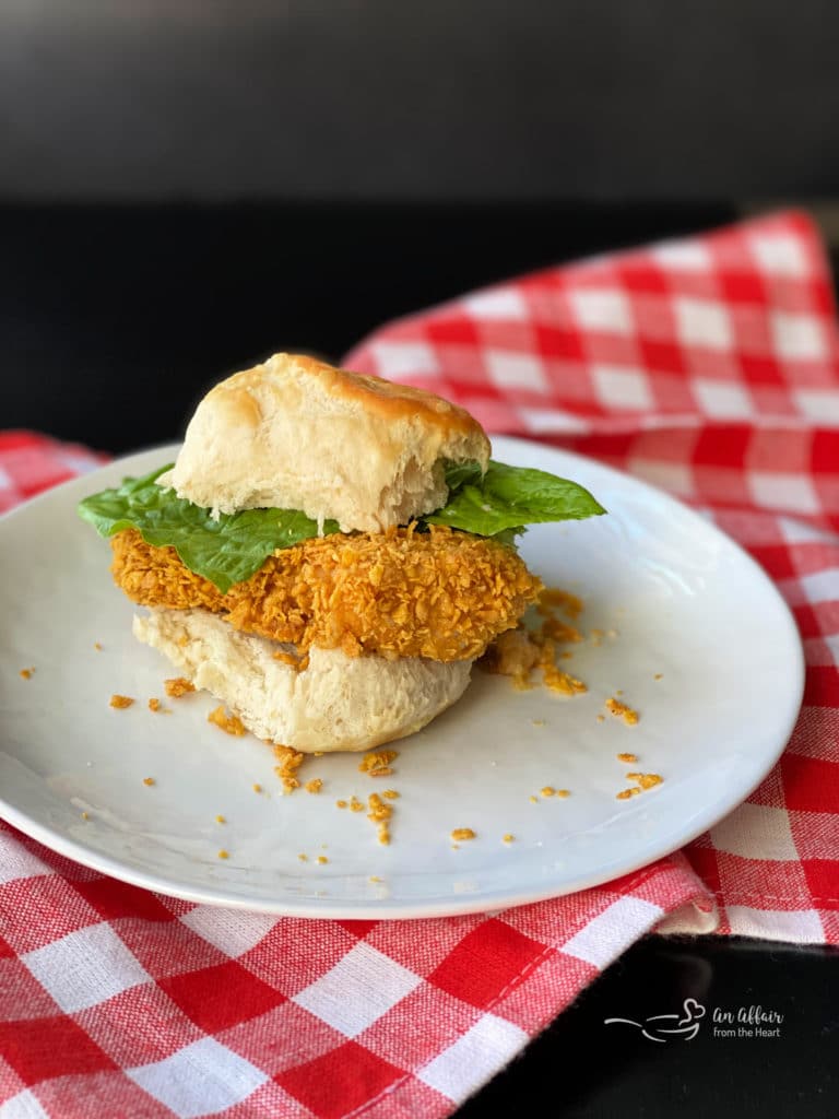 Crispy "Oven-Fried" Chicken in a Biscuit Sandwiches on white plate