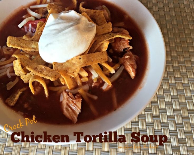 close up of Crock Pot Chicken Tortilla Soup in a white bowl