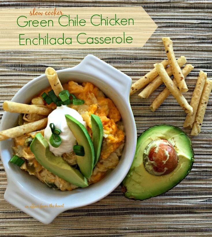 Overhead of Slow cooker Green Chile Chicken Enchilada Casserole