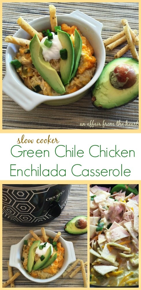 Slow cooker Green Chile Chicken Enchilada Casserole