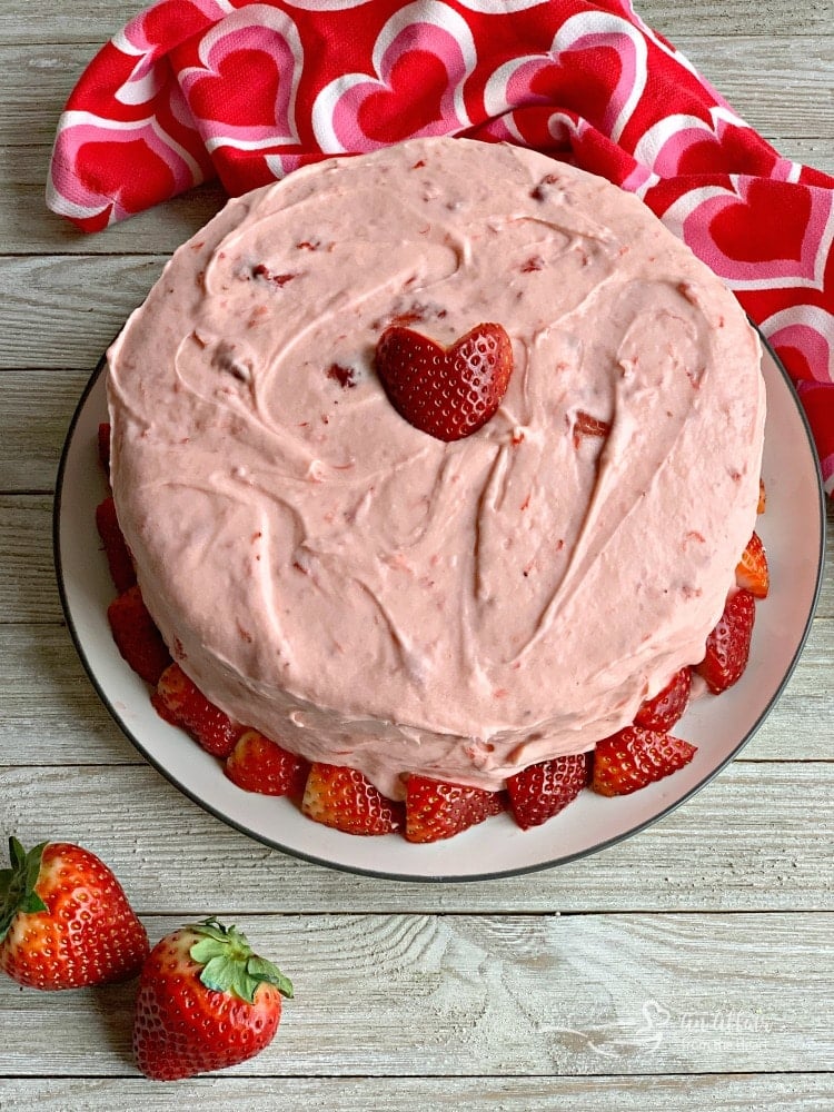 overhead of Strawberry Cake on a white plate