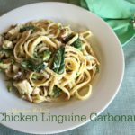 Linguine on a white plate with text "Chicken Linguine Carbonara"