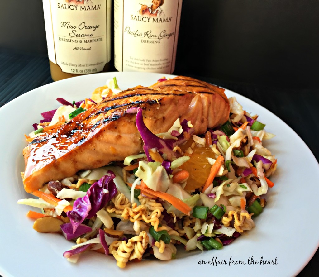 Sesame Ginger Salmon over Crunchy Ramen Slaw