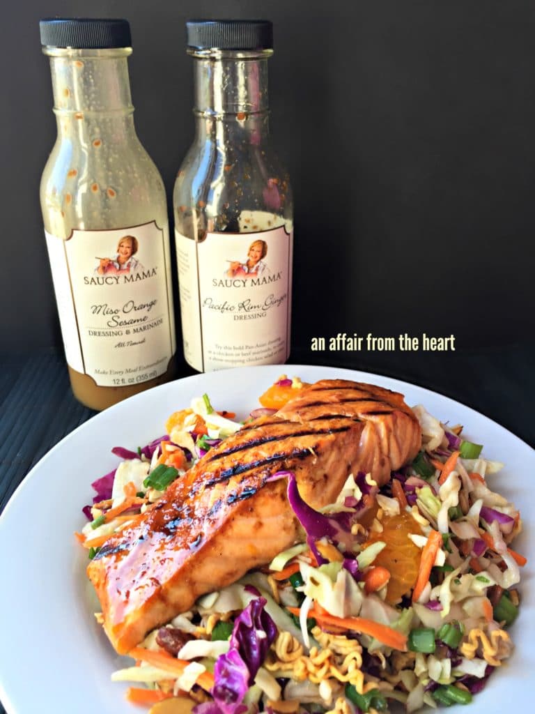 Sesame Ginger Salmon over Crunchy Ramen Slaw