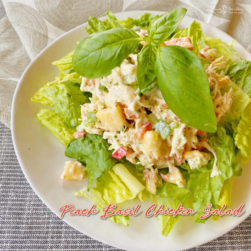 graphic for peach basil chicken salad on white plate