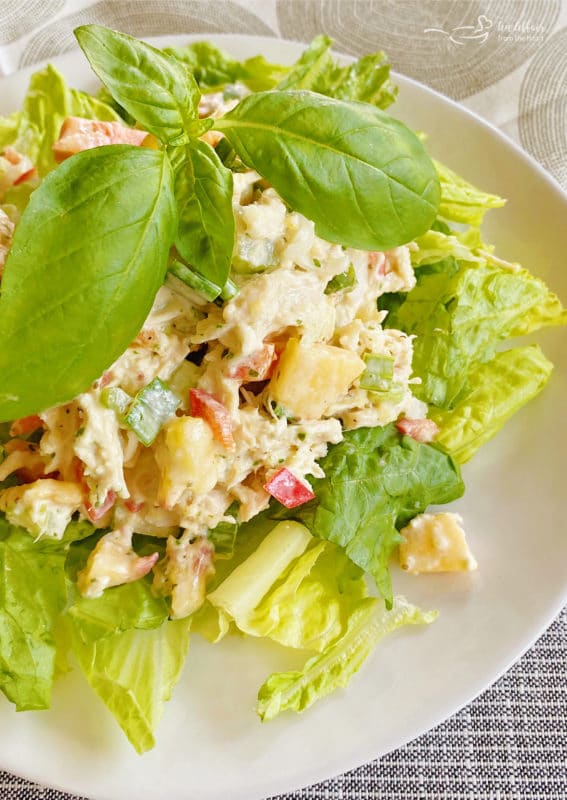 chicken salad on plate with basil and peach and lettuce