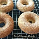 Donuts on a cooling rack with text "baked banana donuts"