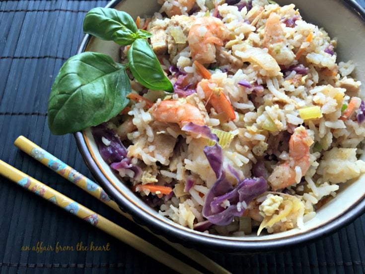 ginger and basil fried rice in a white bowl