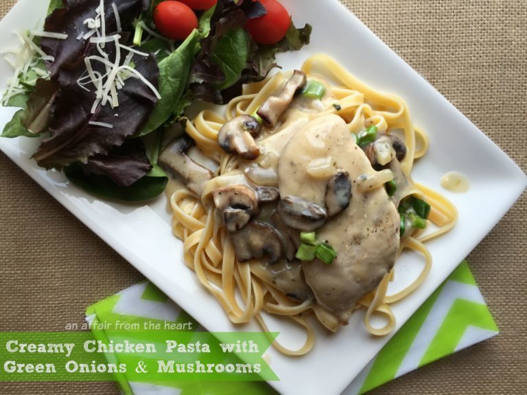 Overhead image of Creamy Chicken Pasta with Green Onions & Mushrooms