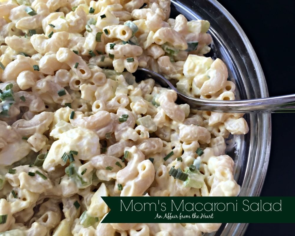 Close up of macaroni salad with text "Mom's Macaroni Salad"