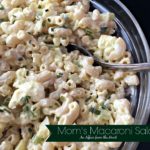 Close up of macaroni salad with text "Mom's Macaroni Salad"