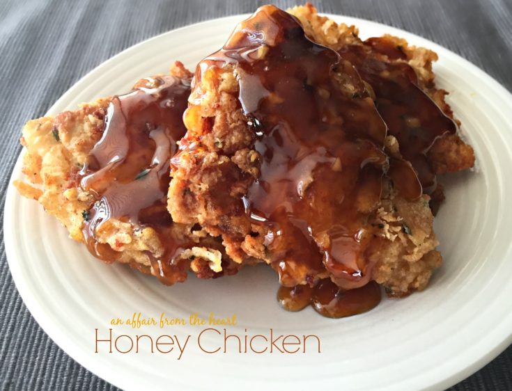 Close up of Honey Chicken on a white plate