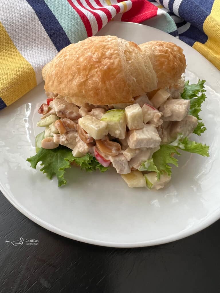 Apple chicken salad sandwich on a white plate
