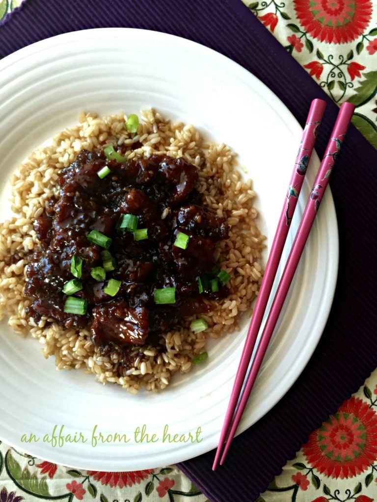 Overhead of Copy Cat P.F. Changs Mongolian Beef on a white plate