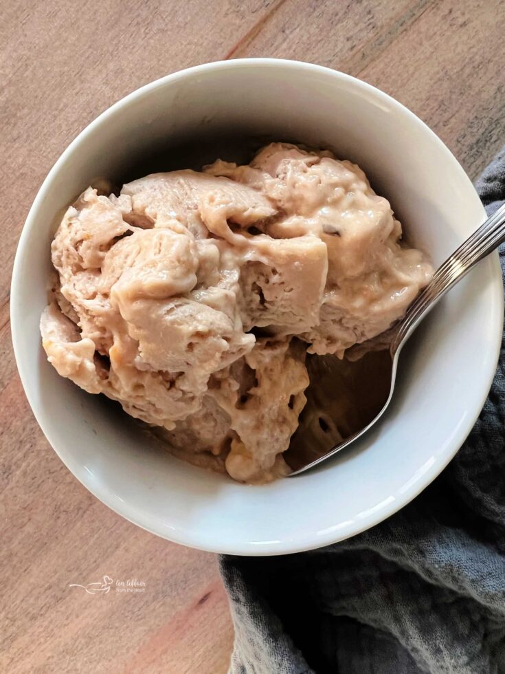 overhead of peanut butter banana ice cream and a spoon in a white bowl.