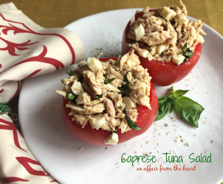 Close up of Caprese Tuna Salad on white plate