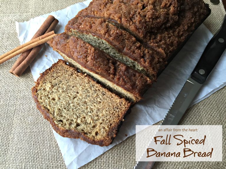 Close up of Fall Spiced Banana Bread on a white napkin