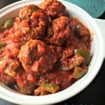 "Stuffed Pepper" Meatballs in a white serving bowl