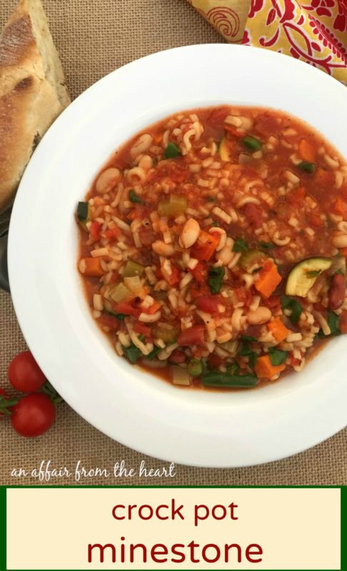 overhead of minestrone with text "Crock Pot Minestrone"