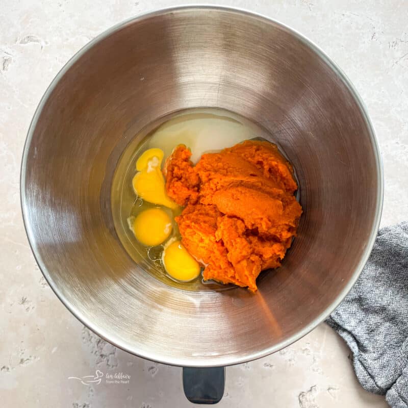 Mix pumpkin, oil, eggs, and sugar together in your mixer.