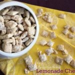 Overhead of Lemonade Chex Mix in a white bowl