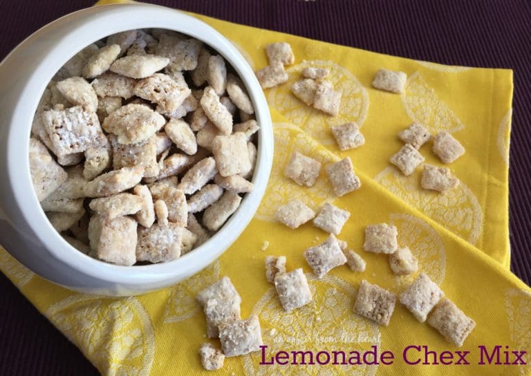 Overhead of Lemonade Chex Mix in a white bowl