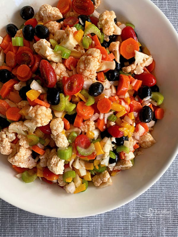 Overhead of Mom's Marinated Vegetables white bowl