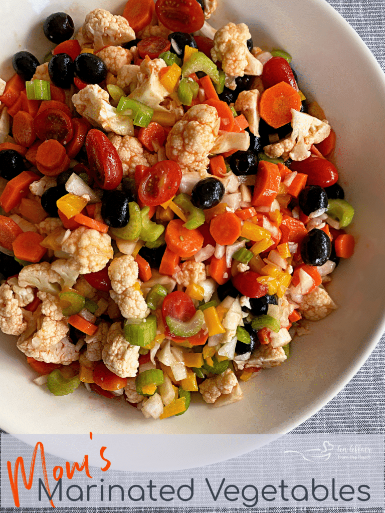 Overhead of Mom's Marinated Vegetables white bowl