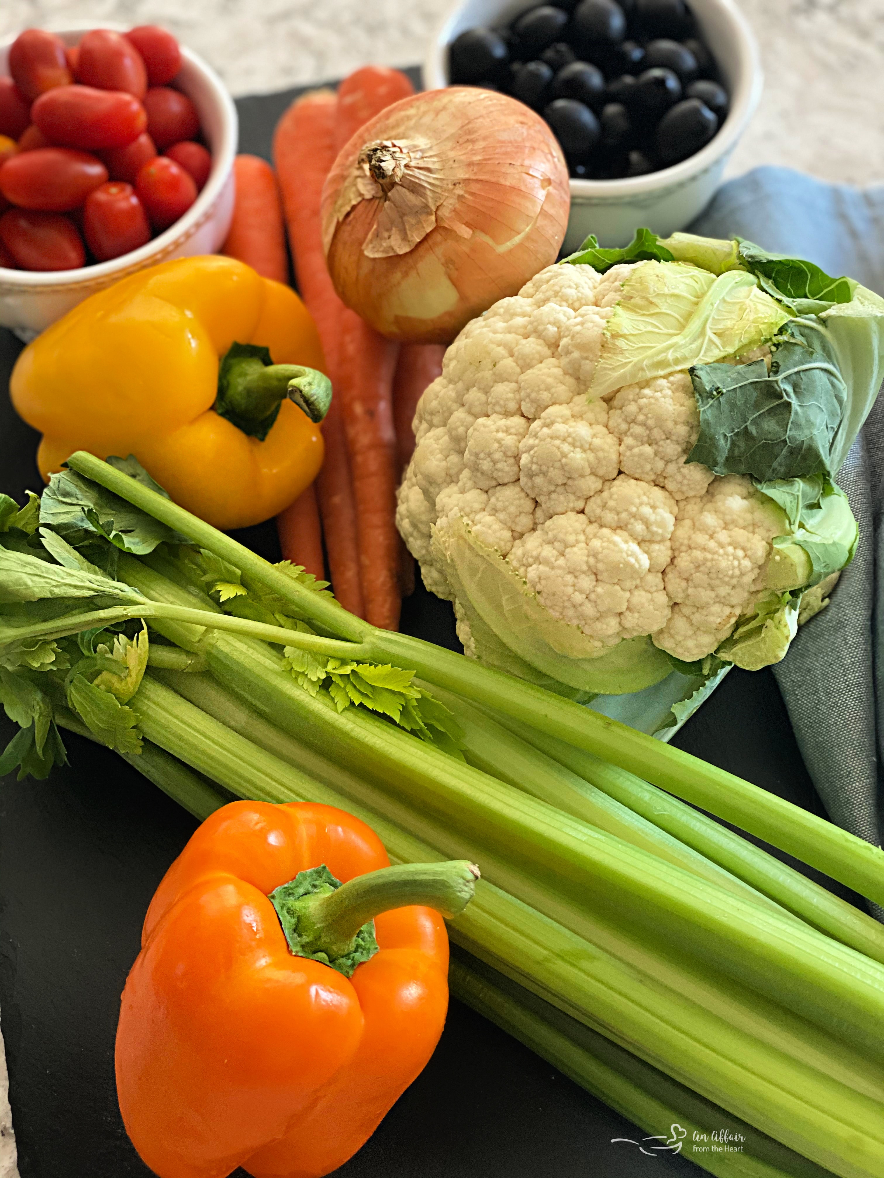 Marinated Vegetables fresh colorful raw veggies in a sweet dressing.