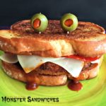 Close up of Pizza Monster Sandwich on a green plate