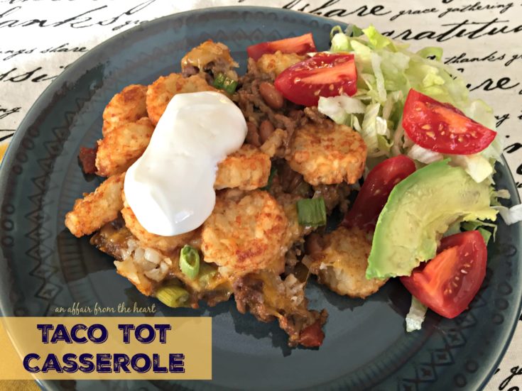 Taco Tot Casserole on a blue plate