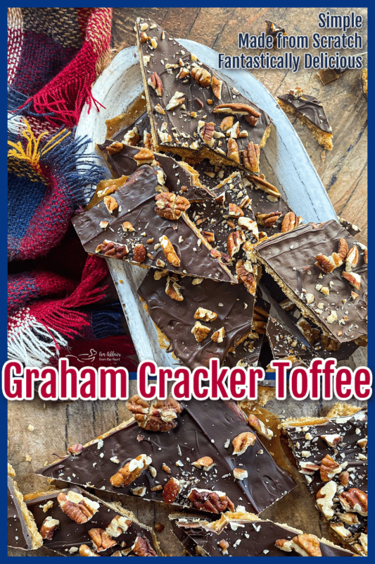 two images of graham cracker toffee brittle with pecans on white oval plate