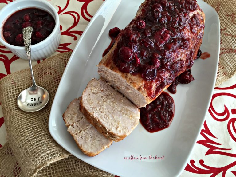 overhead of Pork Tenderloin with Balsamic Cranberry Sauce