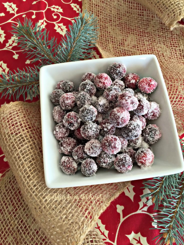 Sugared Cranberries in a white serving dish