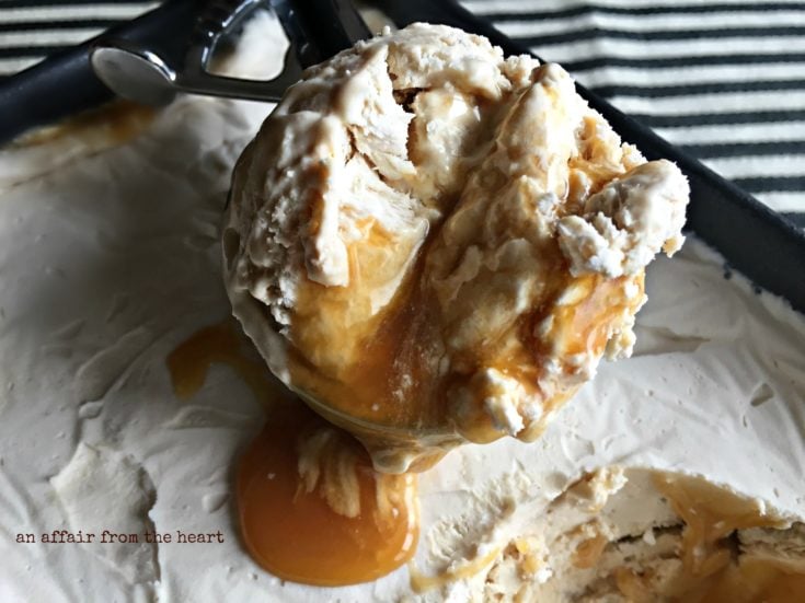 Close up of Vanilla Caramel Swirl Ice Cream being scooped