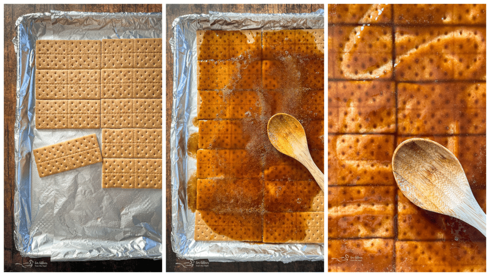 smearing brown sugar and butter over graham crackers with spoon