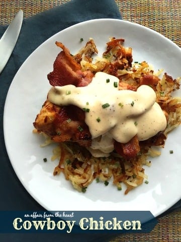 Overhead of Cowboy Chicken on a white plate with text "cowboy chicken"