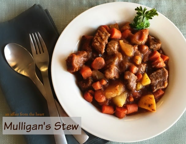 Overhead of Mulligan's Stew in a white bowl