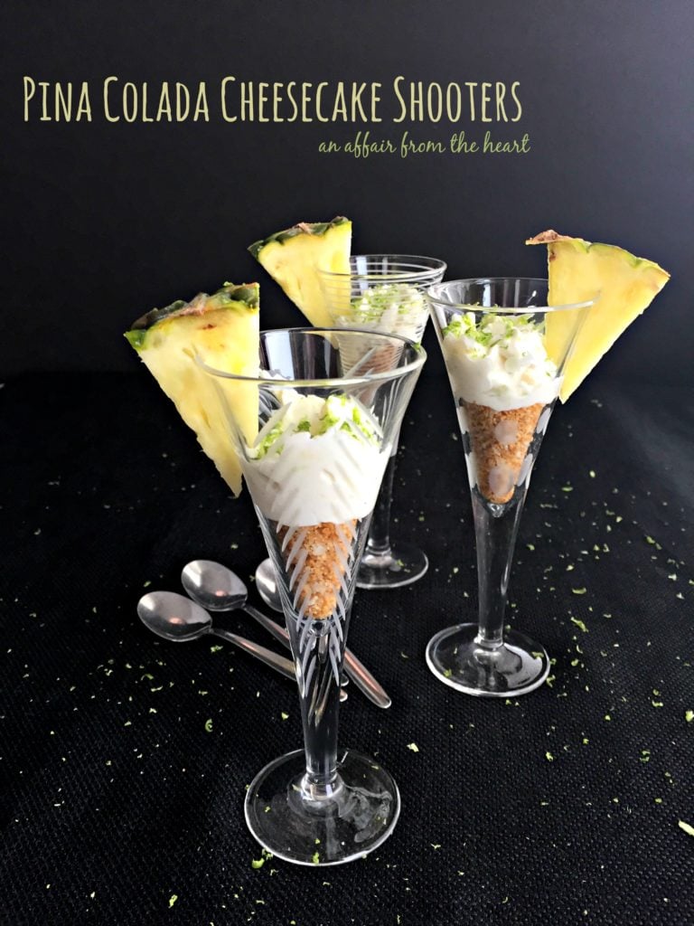 Side view of shooters with text "Pina Colada Cheesecake Shooters"