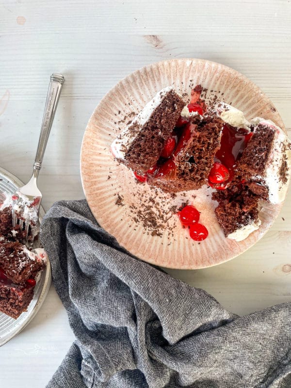 one plate with a slice of black forest cake 