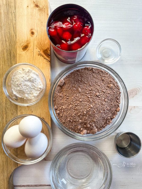 cherries, cocoa powder, eggs, oil, water