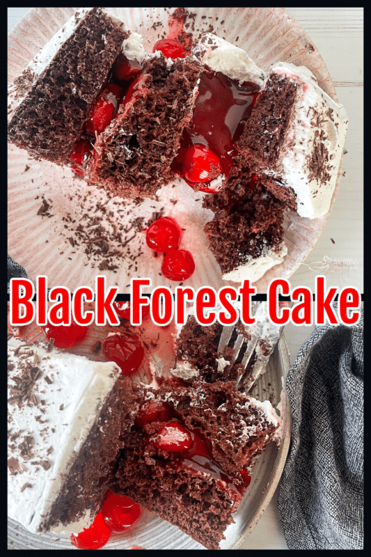 two images of black forest cake with text